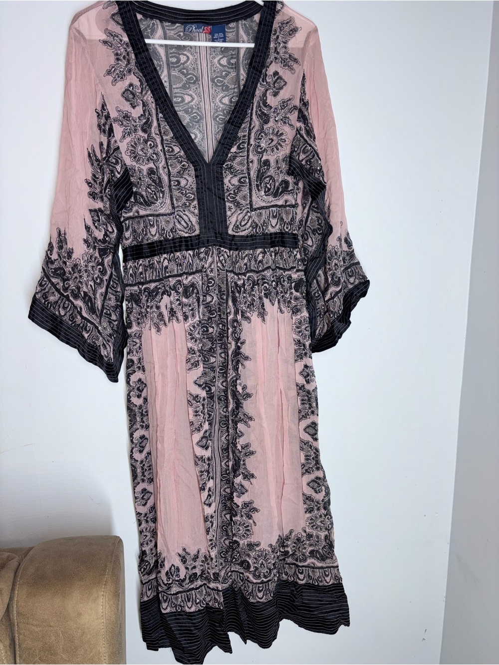 Y2K Boho Fairy Paisley Beaded Maxi Dress Pink Black Kimono Sleeve L